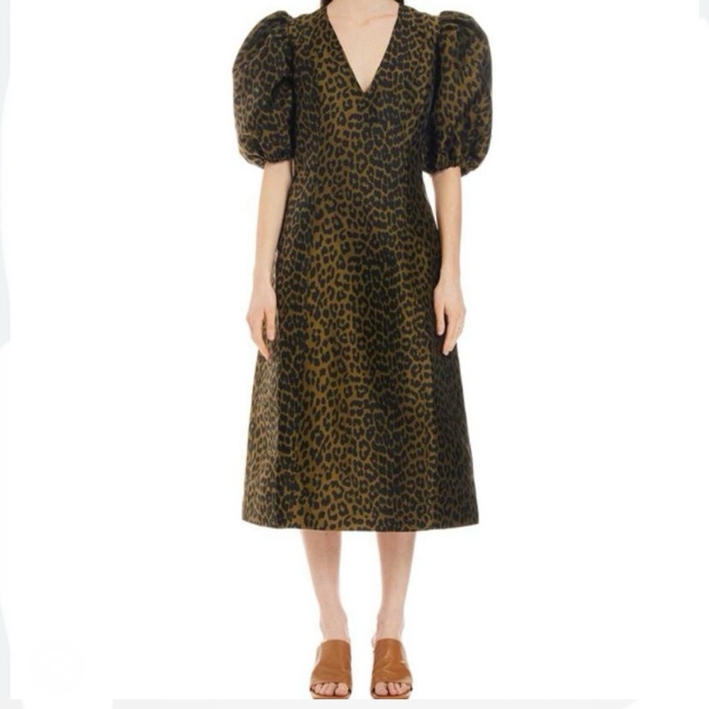 Ganni puffed sleeve leopard print midi dress size 36/6